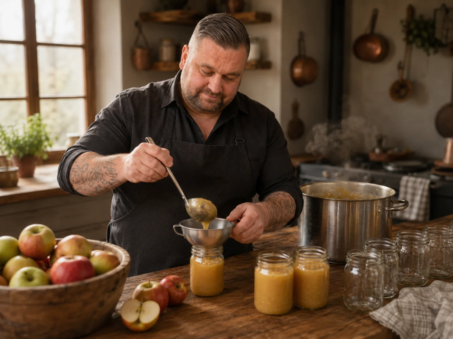 Filling hot applesauce into jars before canning