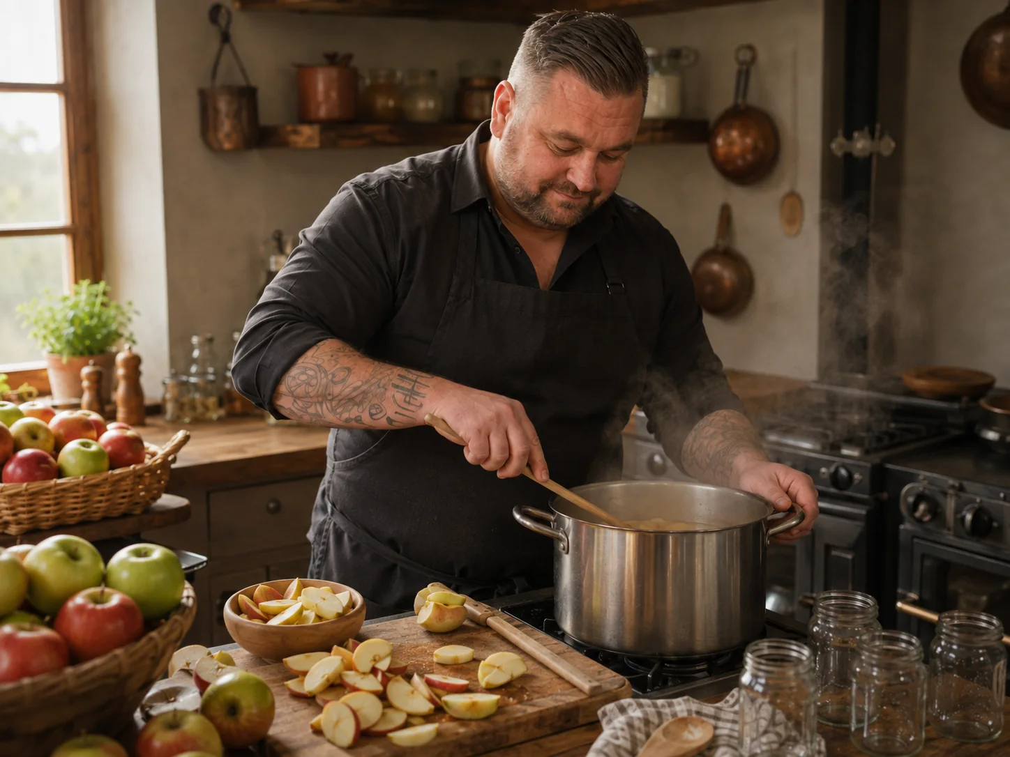 Cooking and stirring homemade applesauce in a large pot