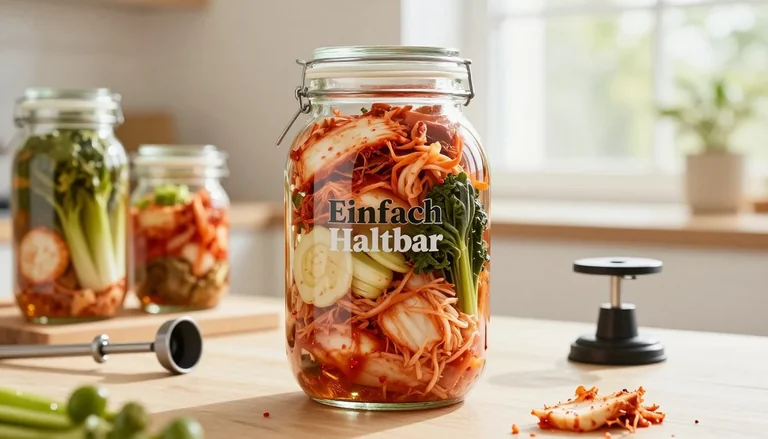 Glas mit Gemüseferment und Zubehör auf einer Küchenarbeitsfläche