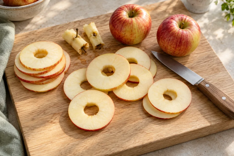 Frische Äpfel und gleichmäßig geschnittene Apfelringe auf einem Holzbrett