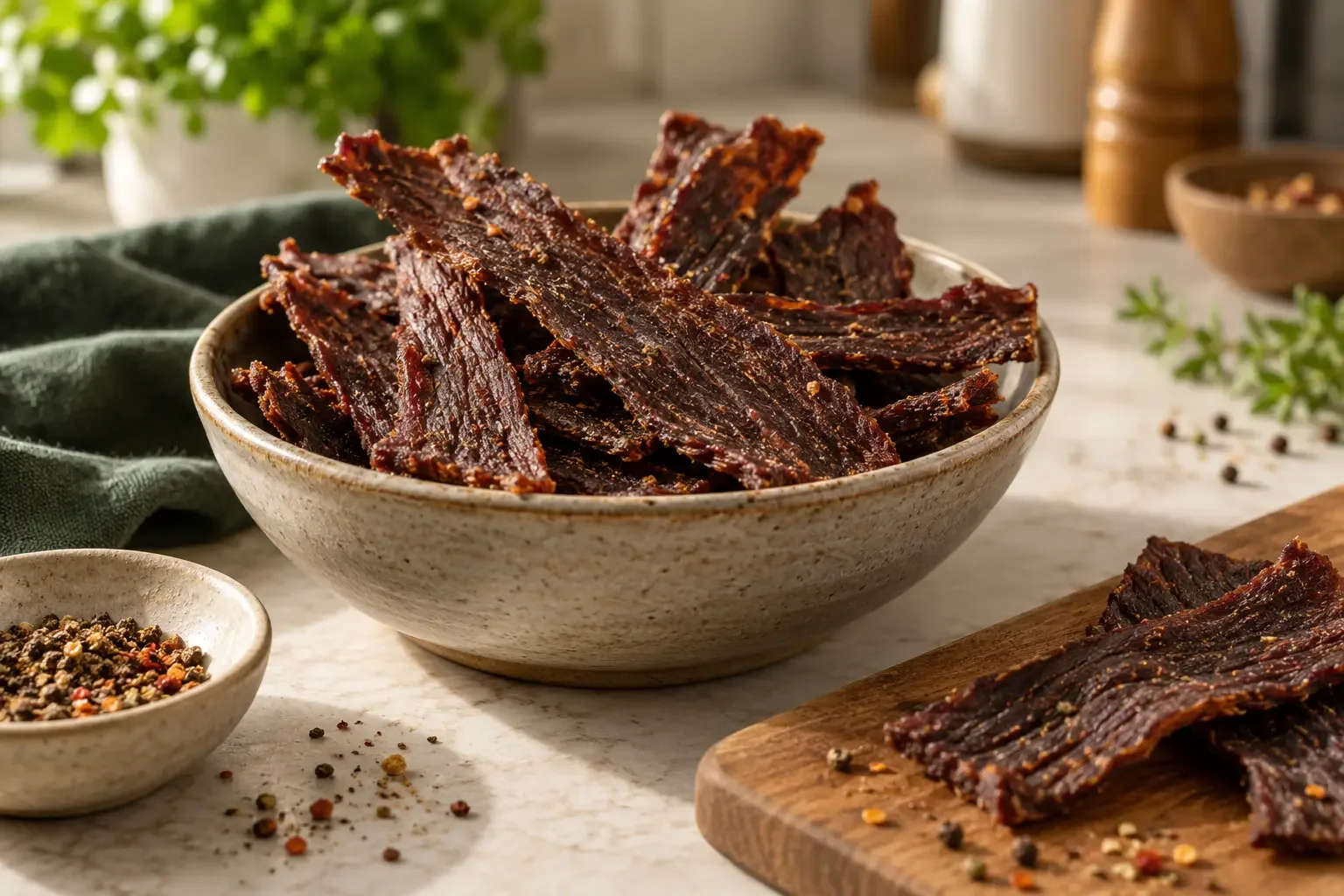 Schale und Brett mit mageren selbst gemachten Beef-Jerky-Streifen