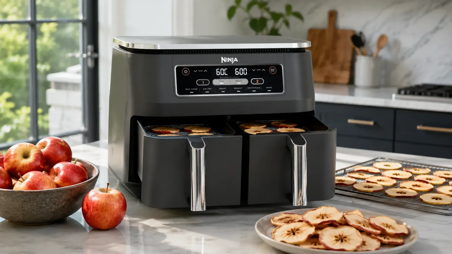 Dörren im Airfryer mit einem Ninja Dual-Zone-Gerät und dünnen Apfelringen