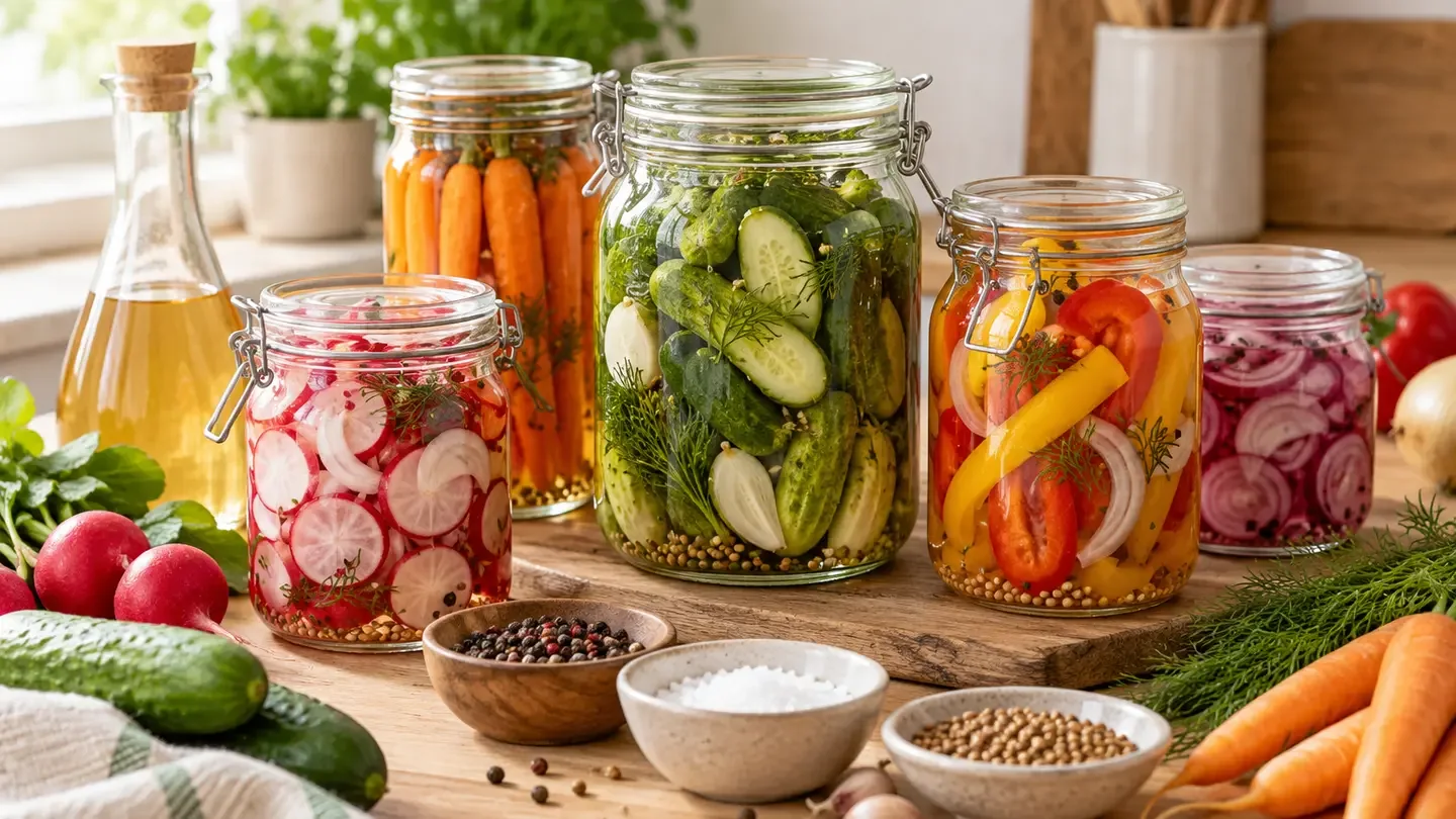 Eingelegte Gurken, Karotten, Paprika und rote Zwiebeln in Gläsern