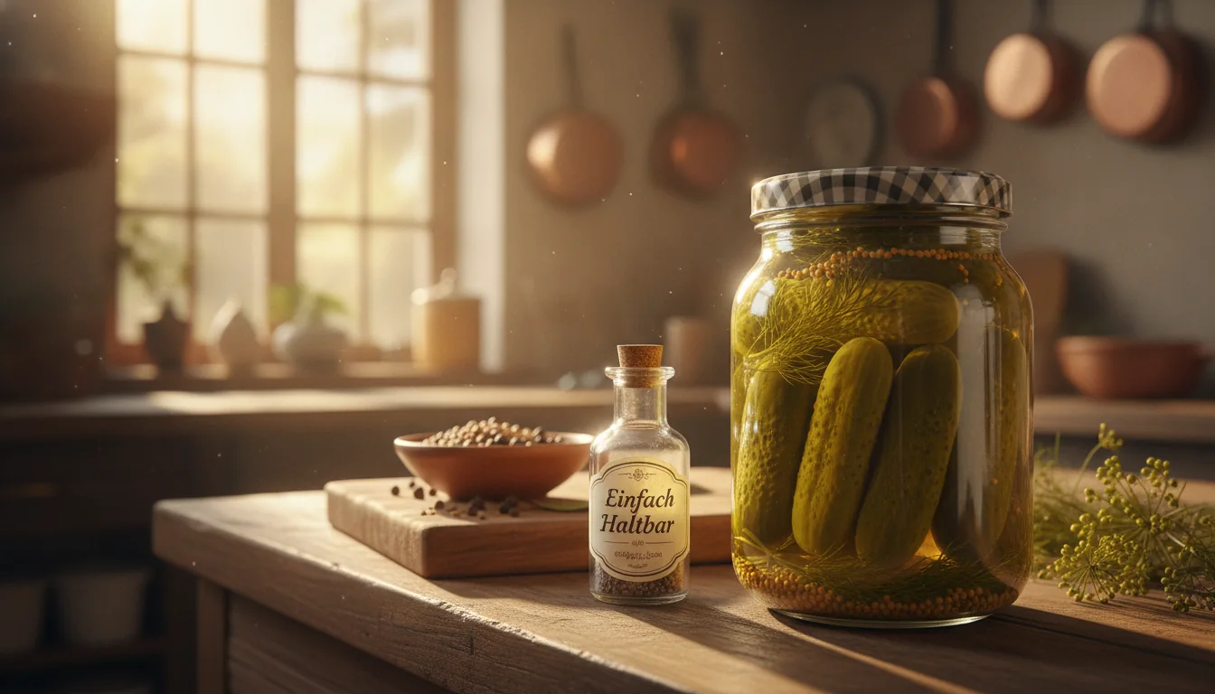 Knackige eingelegte Gurken im Glas mit Dill und Gewürzen