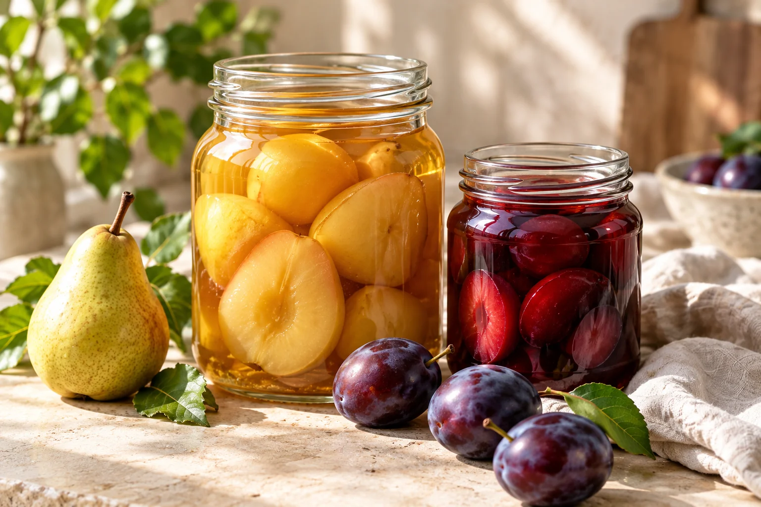 Eingekochte Birnen und Pflaumen in Gläsern neben frischem Obst