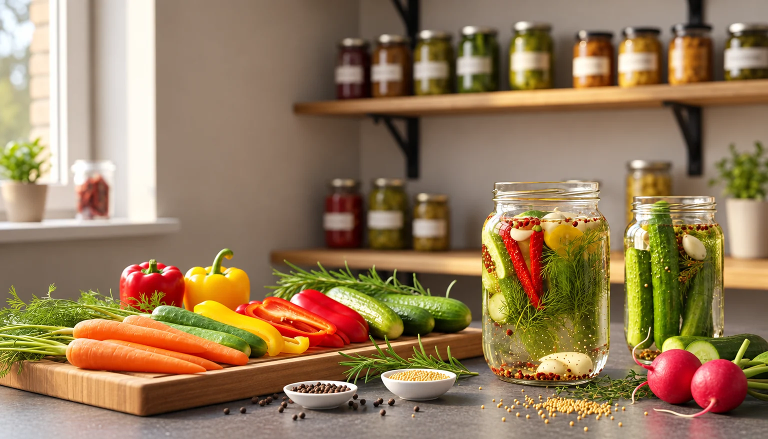 Frisches Gemüse, Gewürze und zwei vorbereitete Pickle-Gläser auf einer Arbeitsfläche