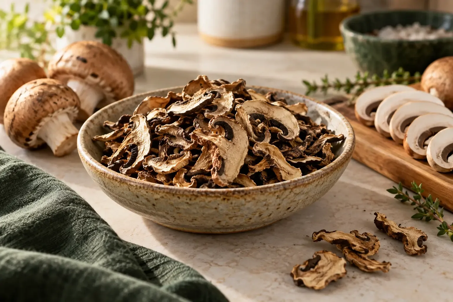 Schale mit natürlich getrockneten Pilzscheiben neben frischen Pilzen