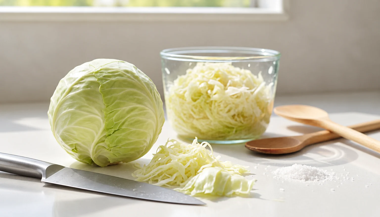 Weißkohl, fein geschnittener Kohl und Salz zur Vorbereitung von Sauerkraut