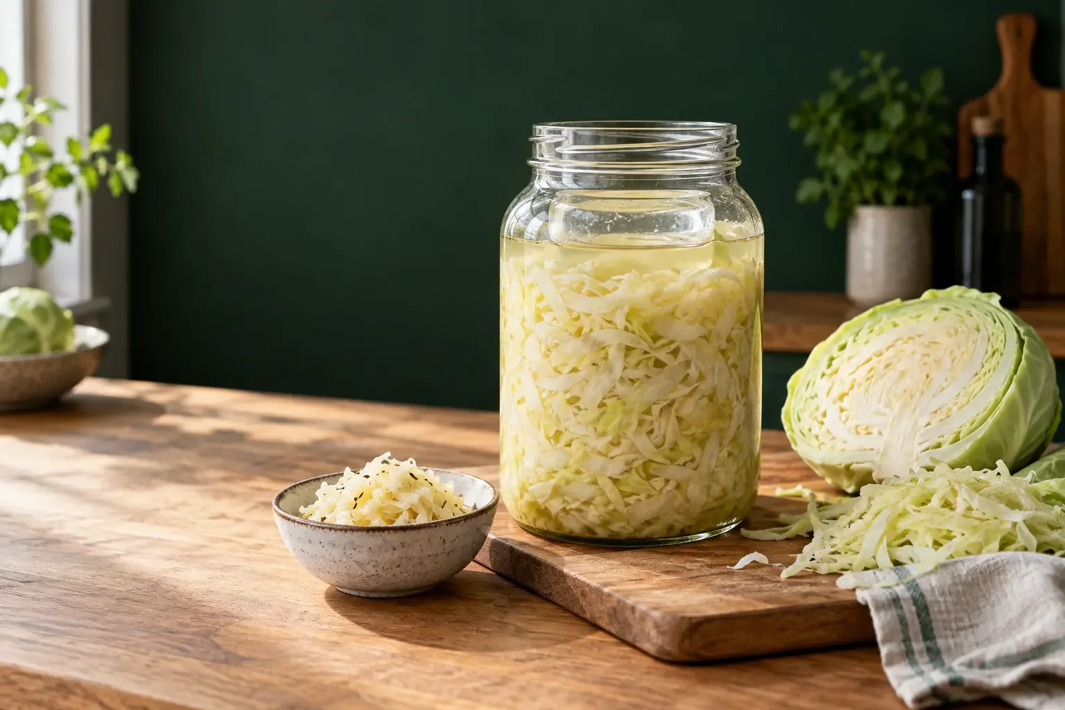 Weißkohl fermentiert unter der Lake in einem klaren Glas