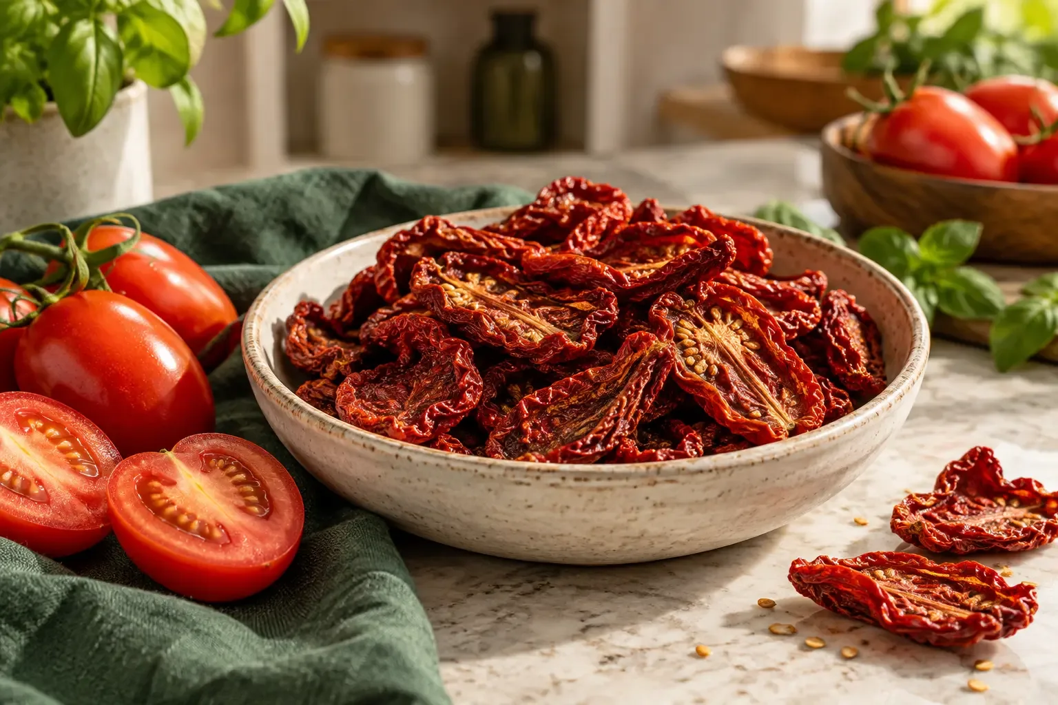 Schale mit rubinroten getrockneten Tomaten neben reifen Romatomaten