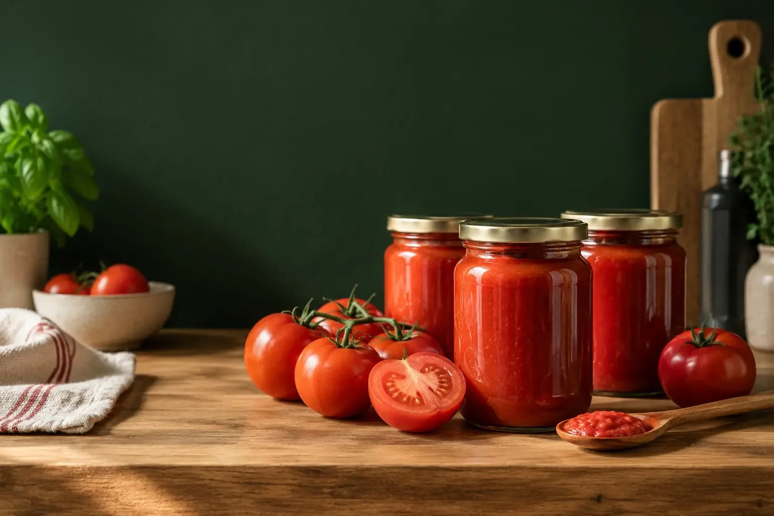 Frische Tomaten und verschlossene Gläser mit eingekochter Tomatensoße