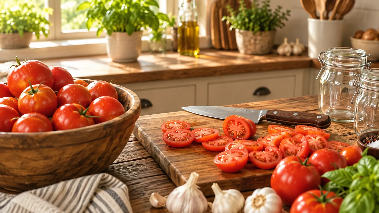Reife Tomaten und Tomatenscheiben auf einem Schneidebrett neben leeren Einmachgläsern