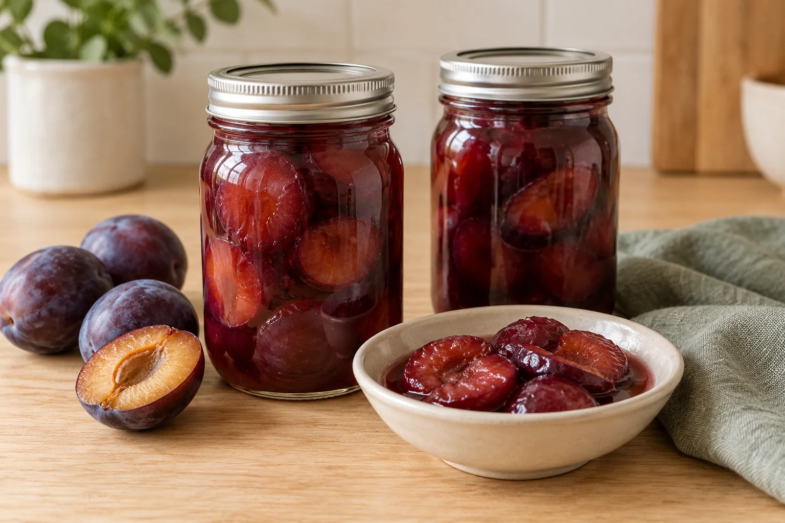 Ripe plums beside jars of preserved plum halves with U.S. Mason-style canning lids