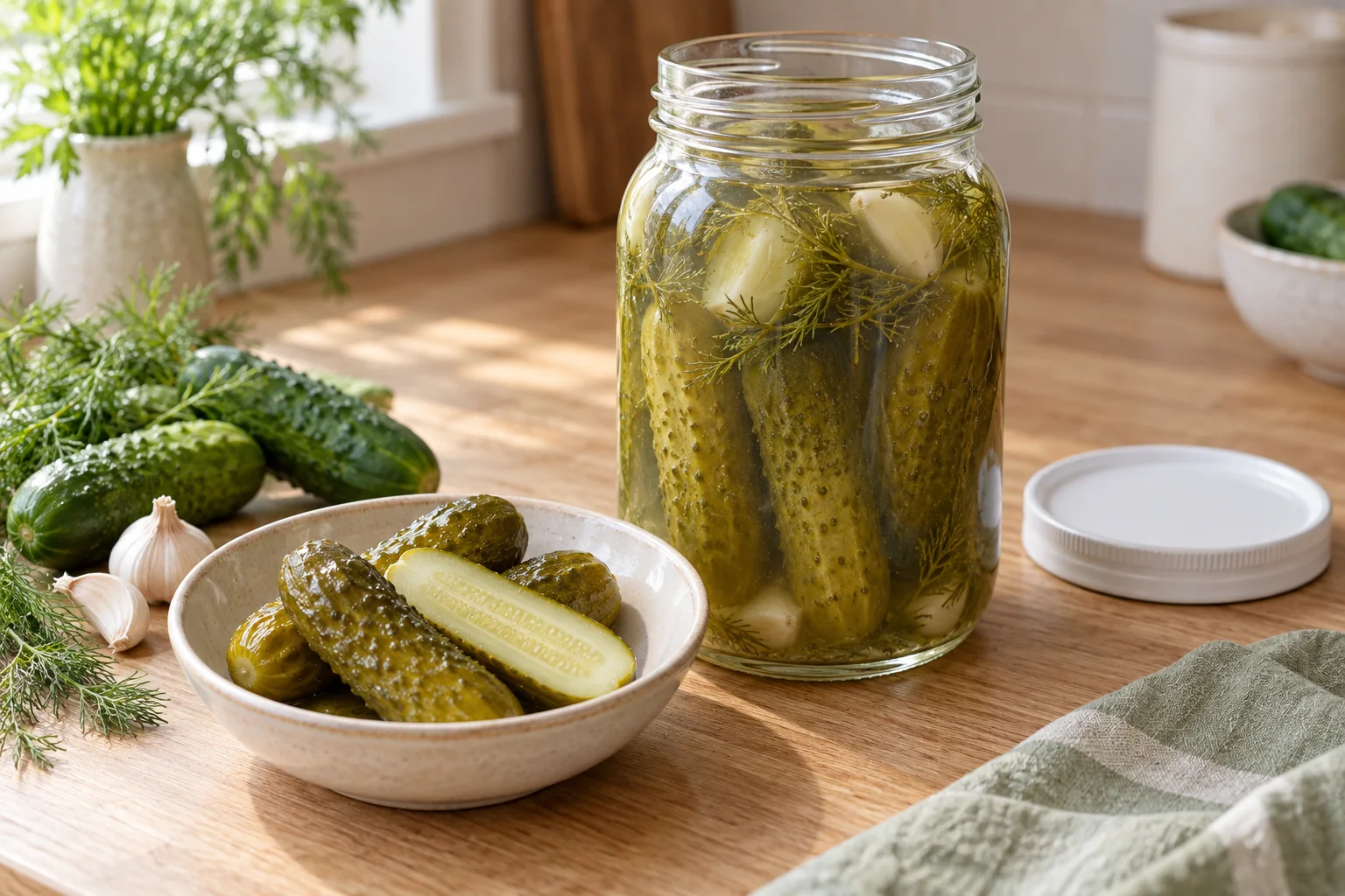 Fermented dill pickles in a Mason jar and serving bowl.