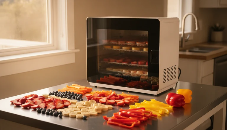 Home freeze-drying setup with sliced fruit and vegetables ready for trays
