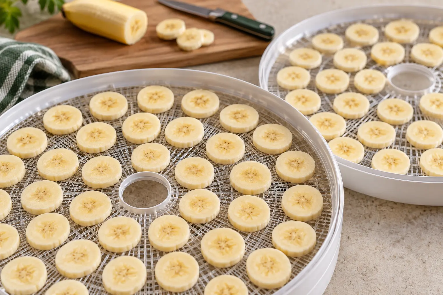 Gleichmäßige frische Bananenscheiben mit Abstand auf sauberen Dörrgittern