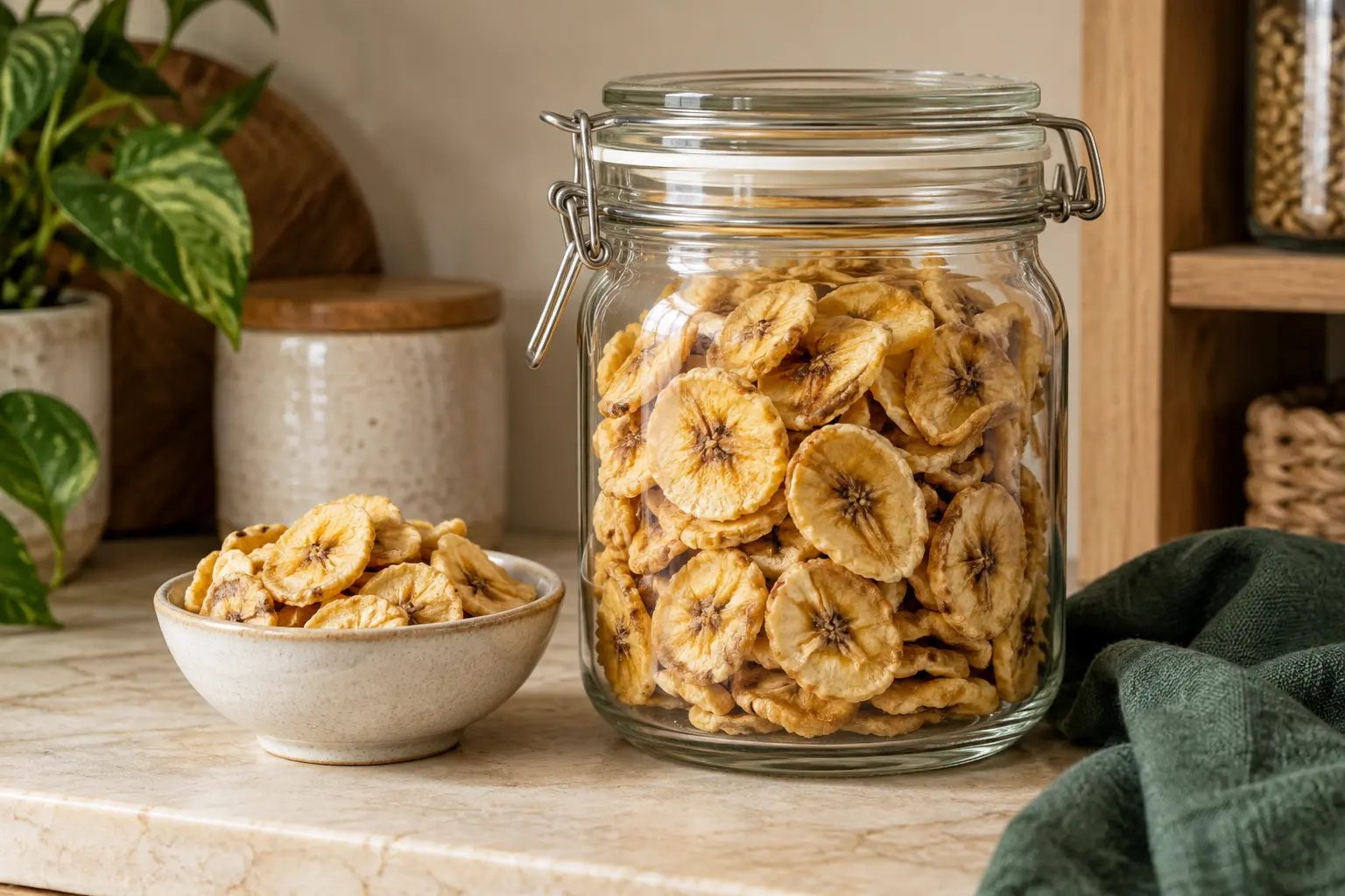 Vollständig ausgekühlte Bananenchips trocken in einem luftdichten Glas gelagert