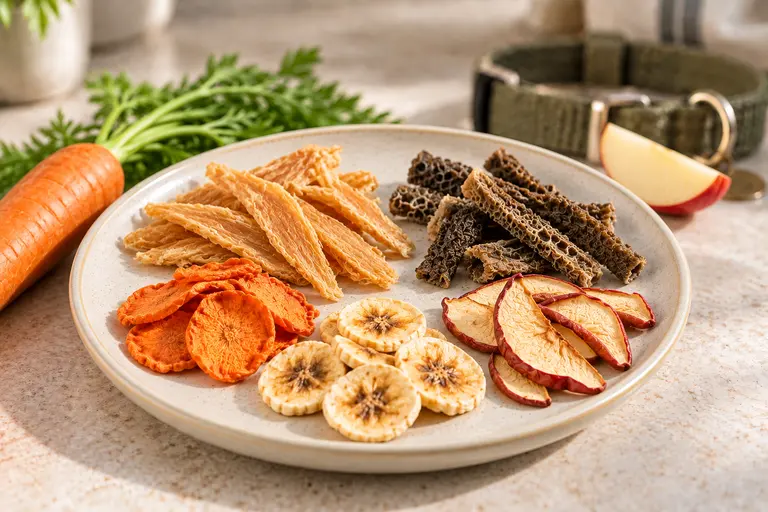 Getrocknete Hundesnacks mit Hähnchen, Pansen, Karotte, Apfel und Banane; KI-Illustration