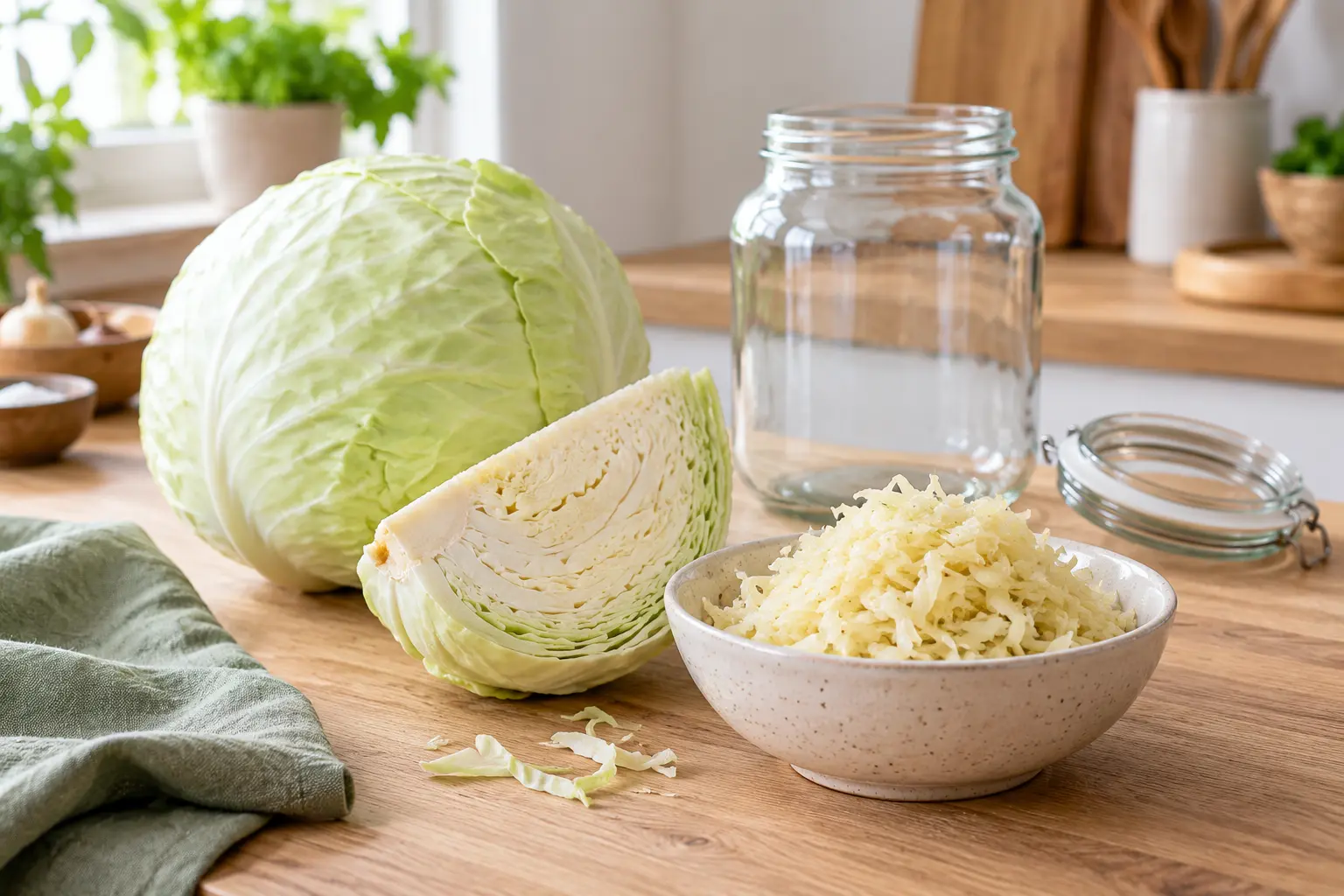 Weißkohl und eine kleine Schale Sauerkraut neben einem leeren Vorratsglas und losem Glasdeckel auf einer hellen Küchenfläche