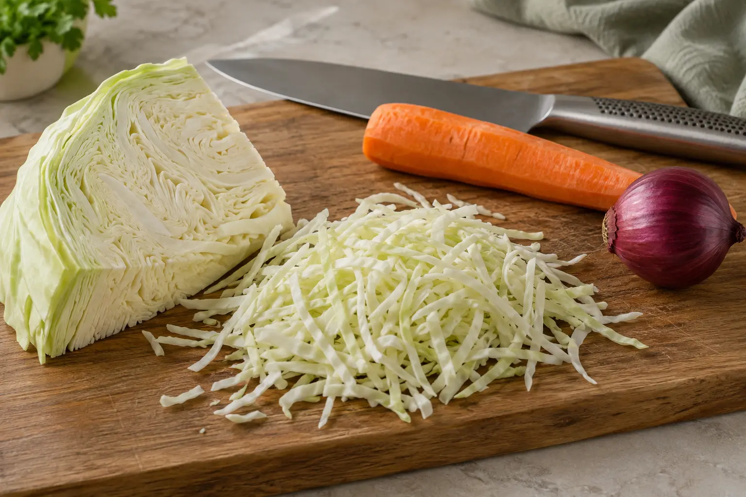 Frischer Weißkohl und fein geschnittene Kohlstreifen auf einem Brett, daneben Karotte und rote Zwiebel
