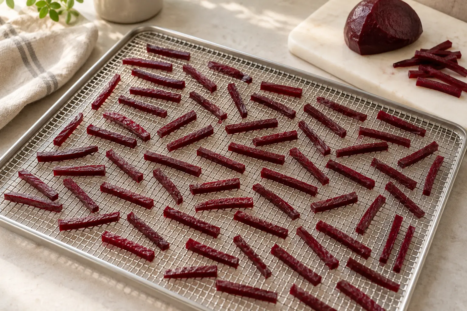 Dünne Rote-Bete-Streifen liegen einzeln mit Zwischenräumen auf einem Dörrgitter