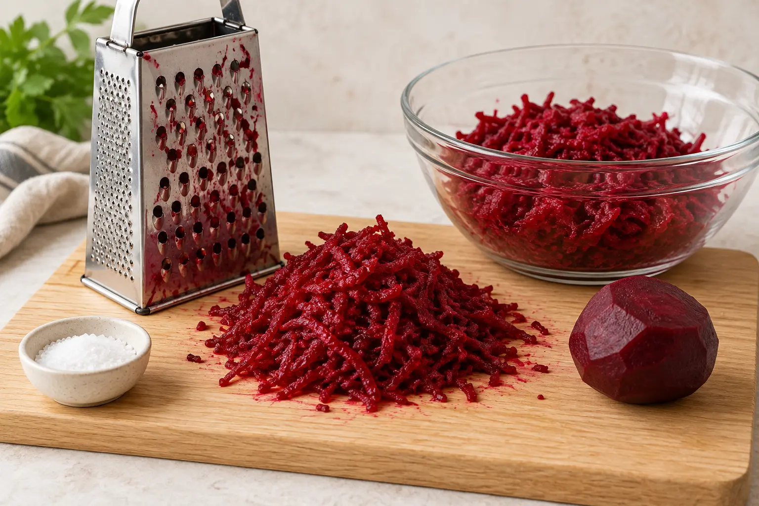 Reibe, rohe Rote-Bete-Raspeln, eine geschälte Knolle und eine kleine Schale Salz