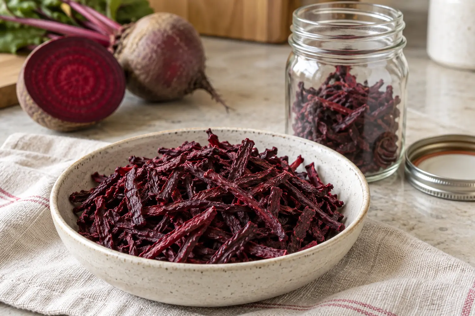 Plain dried beet strips in a light bowl beside a storage jar and fresh beets