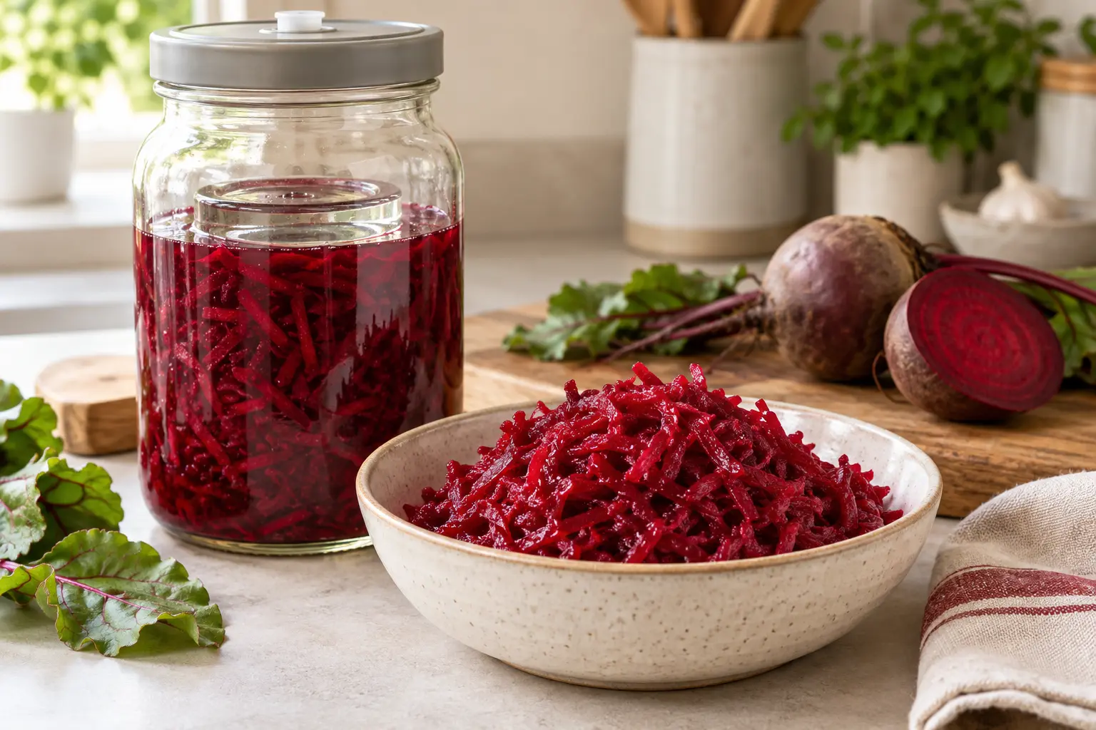 Deep red fermented beet shreds in a bowl beside a Mason fermentation jar and fresh beet roots