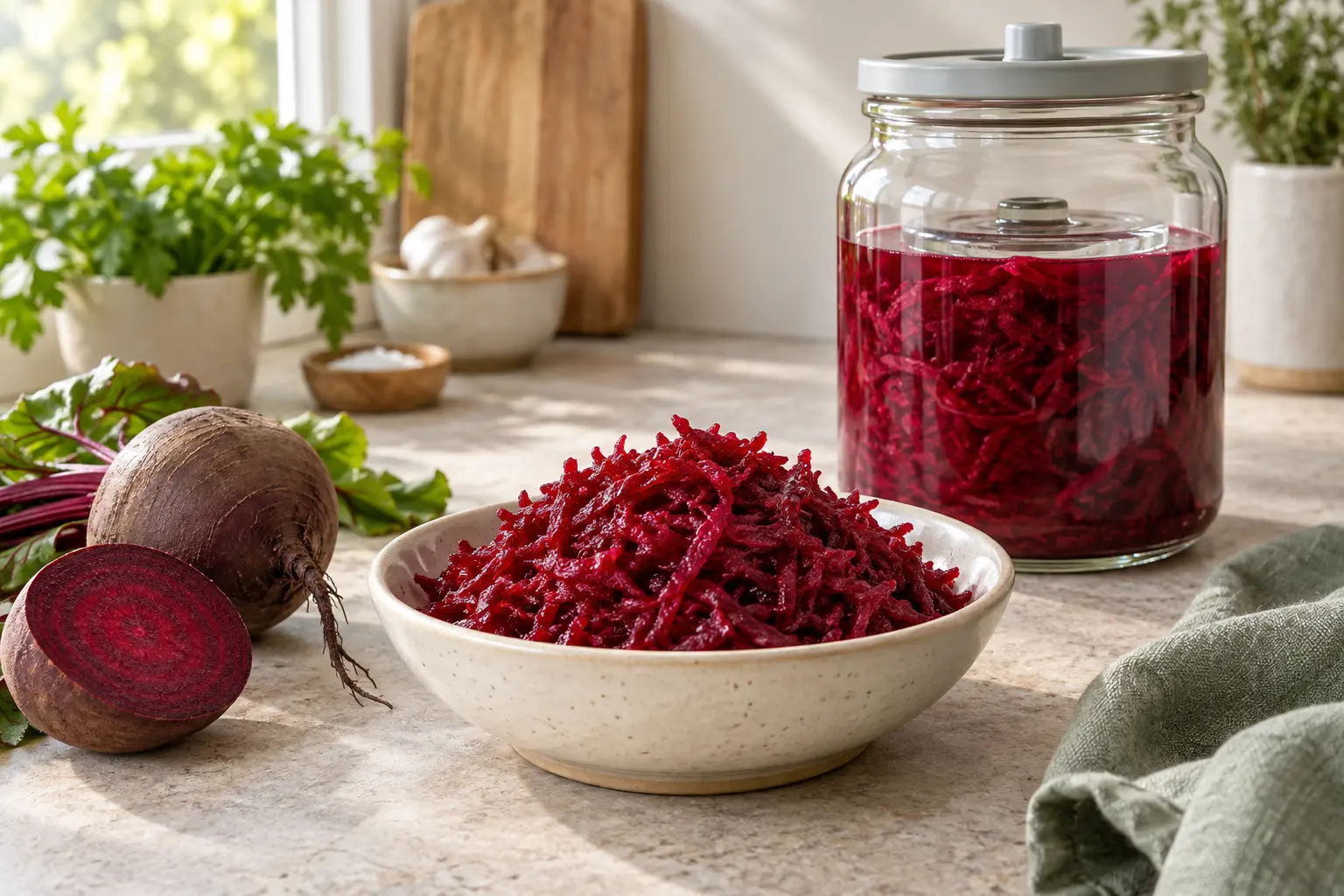 Fein geraspelte Rote Bete in einem Fermentierglas neben einer kleinen Schale als Beilage