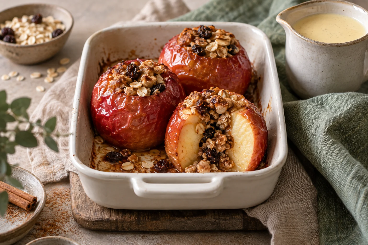 Gebackene Äpfel mit Haferflockenfüllung in einer Form