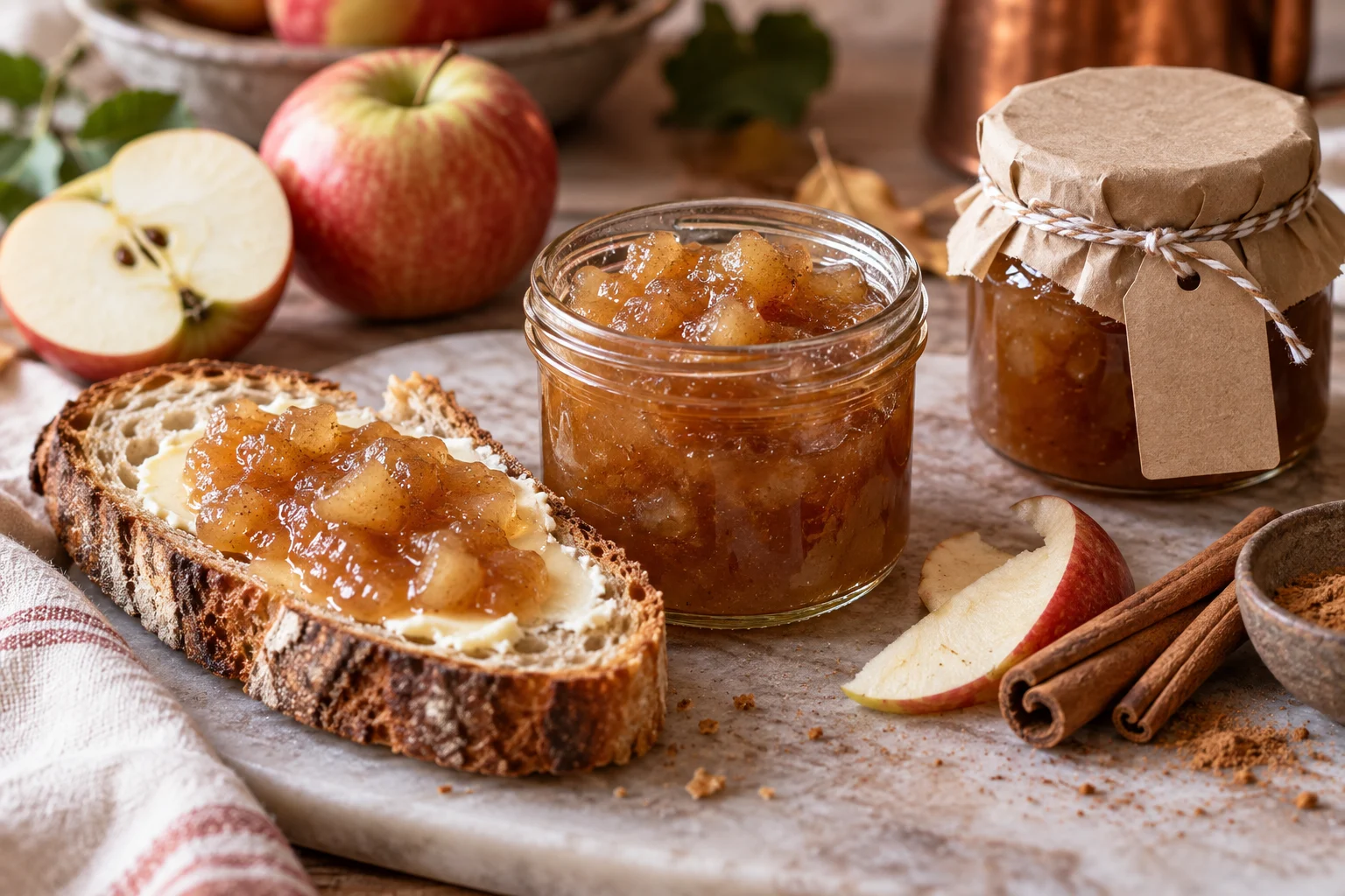 Bratapfelkonfitüre im Glas und auf einer Brotscheibe