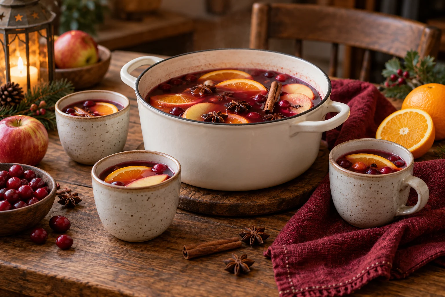 Fruchtpunsch im Topf und kleinen Bechern