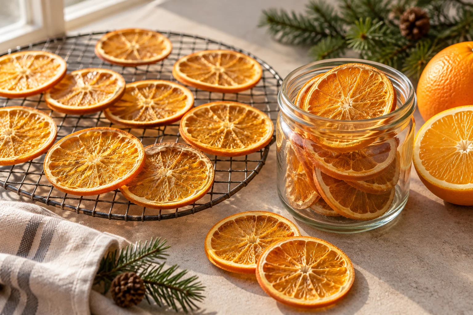 Getrocknete Orangenscheiben auf einem Gitter und im Glas