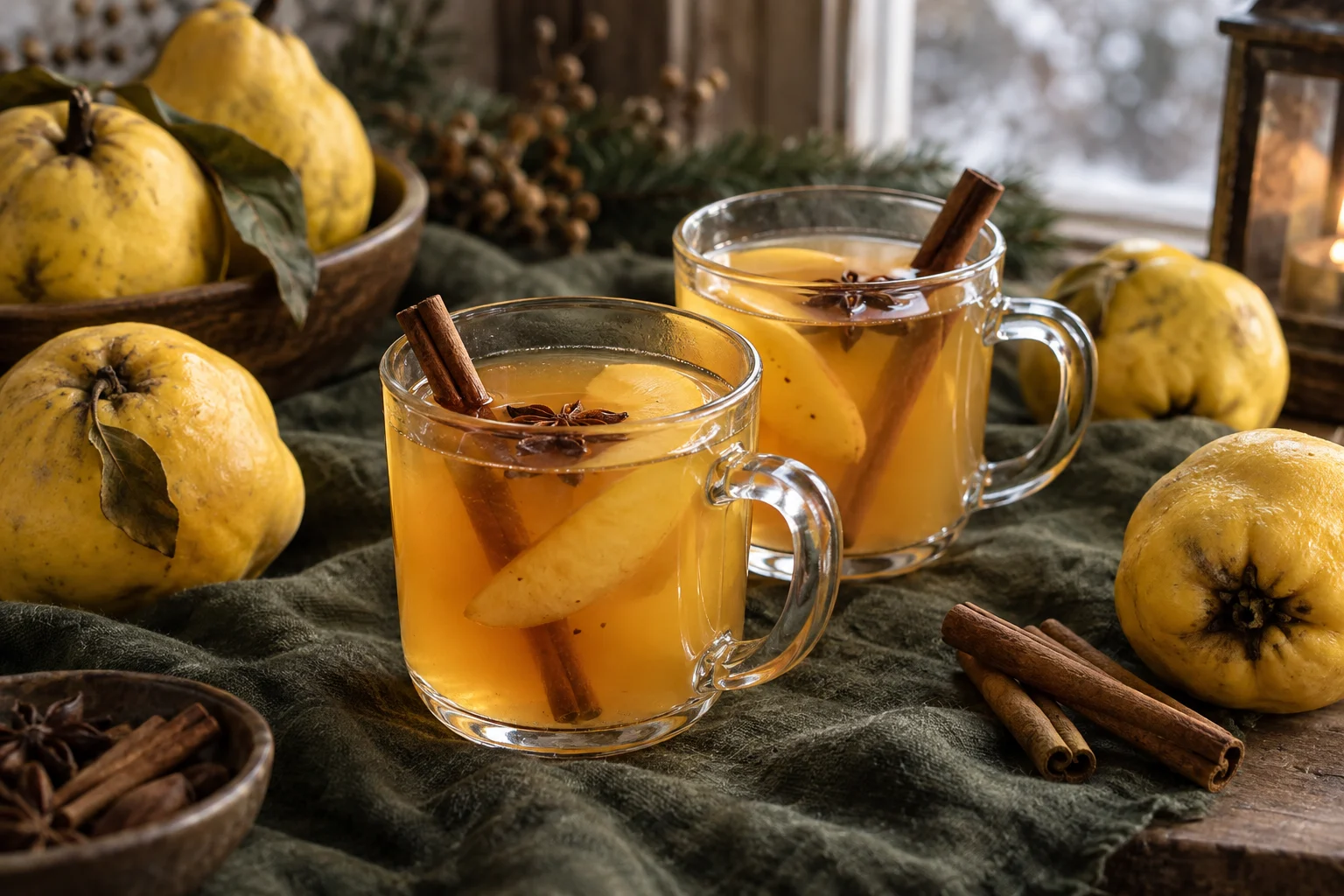 Goldener Quittenpunsch neben gelben Quitten