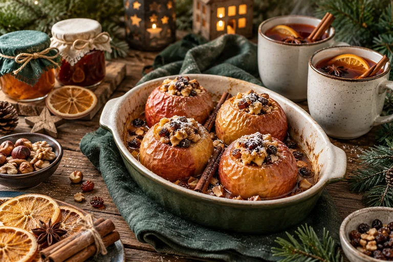 Weihnachtliche Vorratsküche mit Punsch und Bratapfel