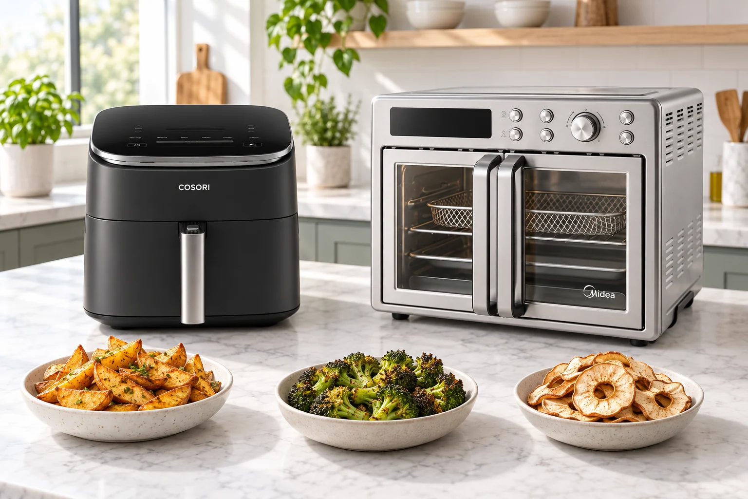 COSORI basket air fryer and Midea French-door oven with potato wedges, broccoli and dried apple rings — AI-generated contextual mockup