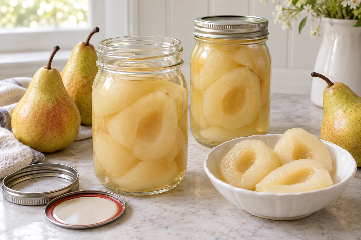 Peeled European pear halves in light packing liquid and a serving bowl — AI-generated food illustration