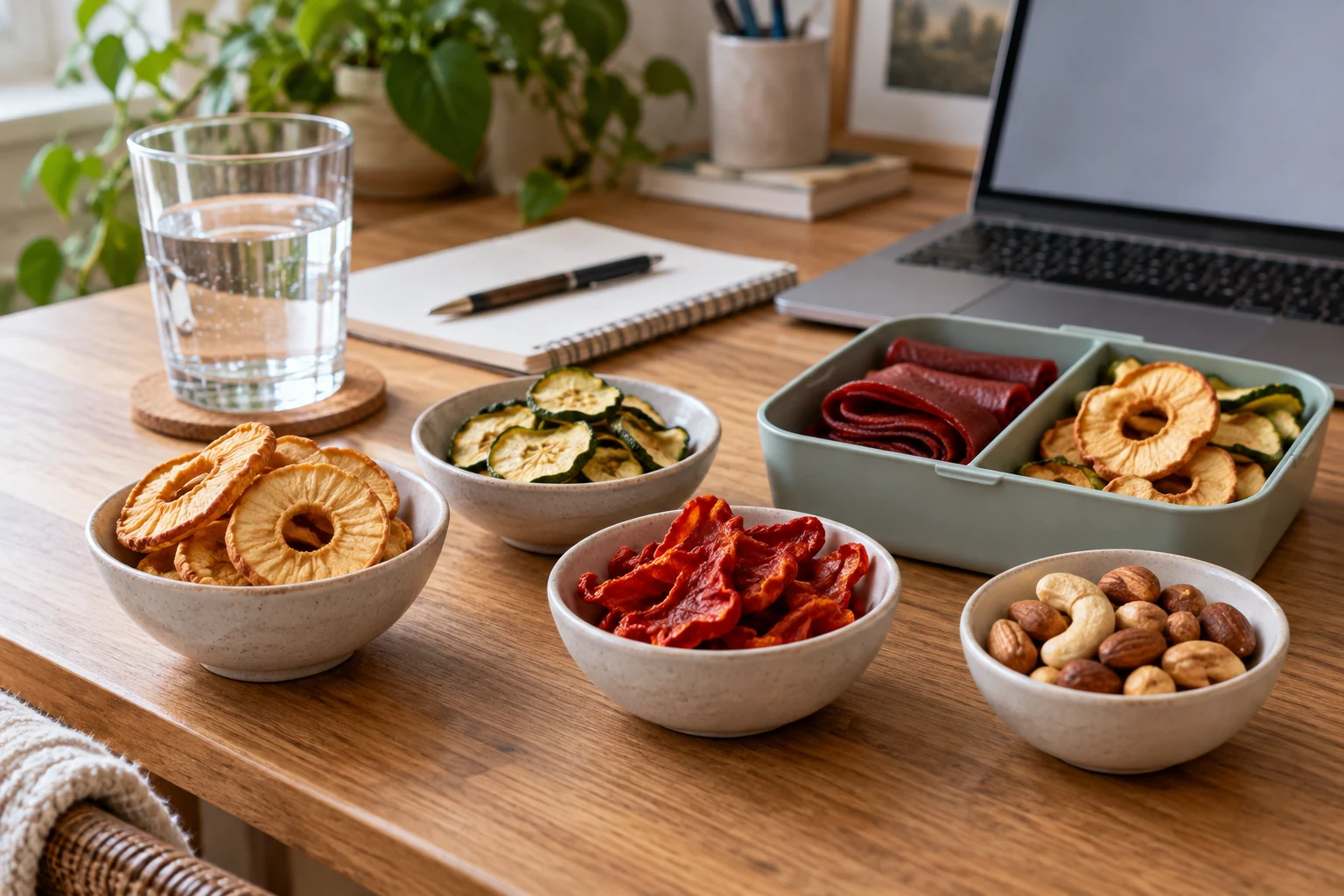 Apple rings, zucchini rounds, red pepper pieces, fruit-leather rolls and nuts beside a laptop — AI-generated food illustration