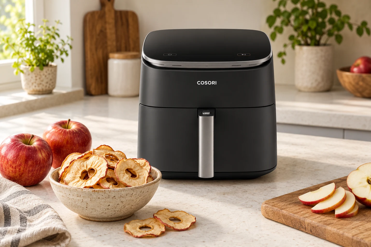 COSORI TurboBlaze air fryer beside dried apple rings and fresh apple slices — AI-generated contextual mockup