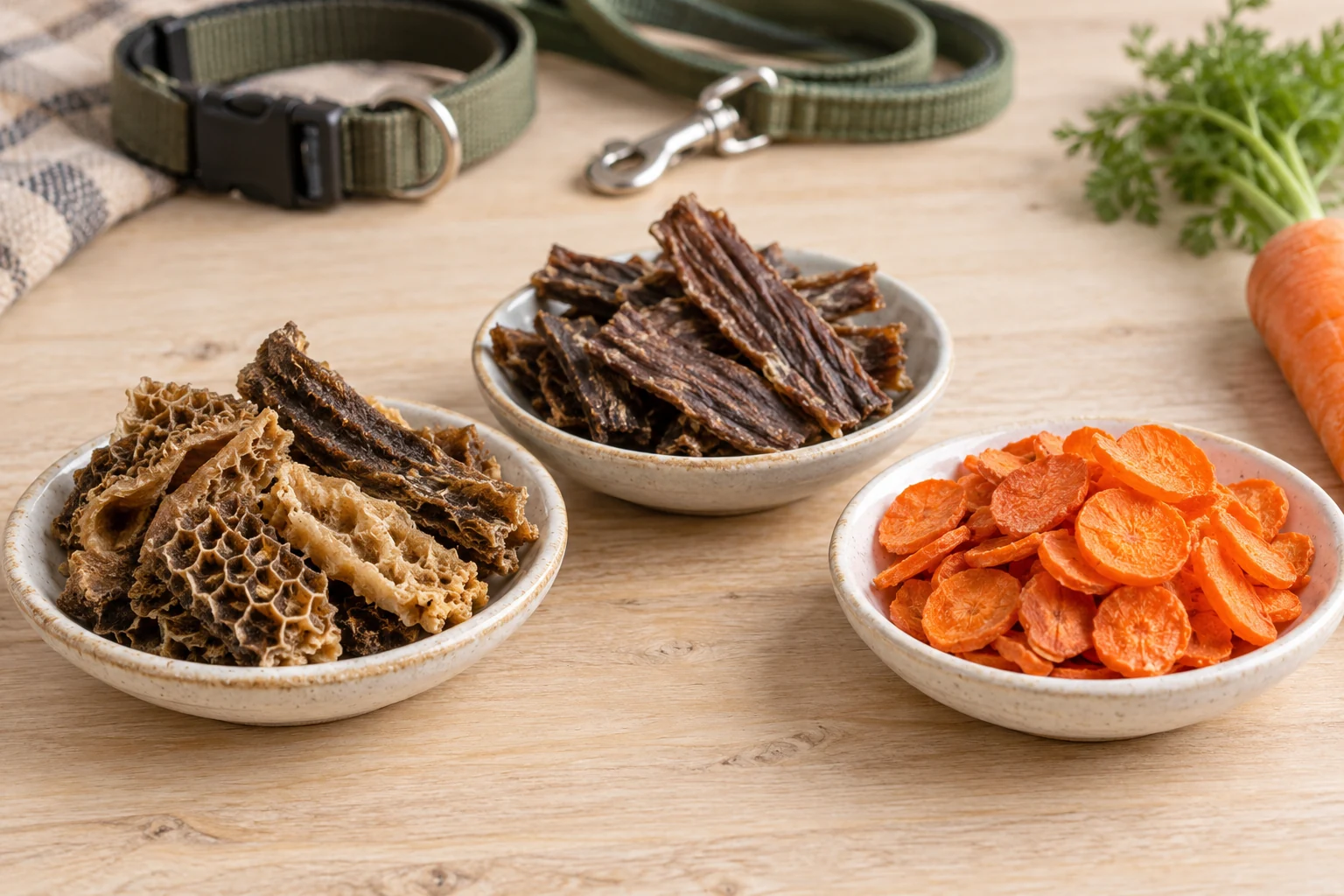 Separate dishes of dried tripe, dried meat strips and carrot pieces beside a dog collar — AI-generated treat-category illustration