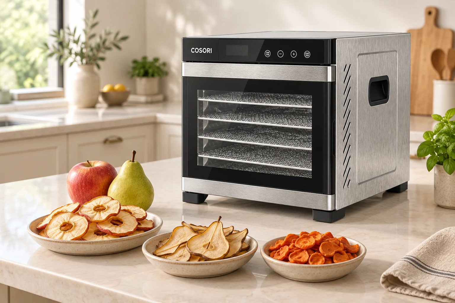 COSORI cabinet dehydrator with separate dishes of dried apples, pears and carrots — AI-generated contextual mockup
