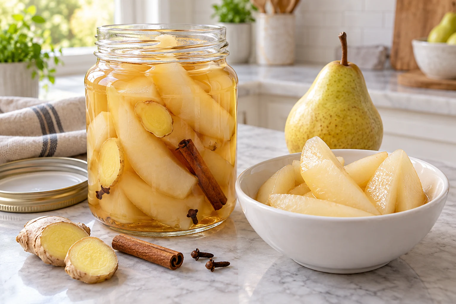 Peeled pear wedges in light vinegar brine with ginger, cinnamon and cloves — AI-generated food illustration