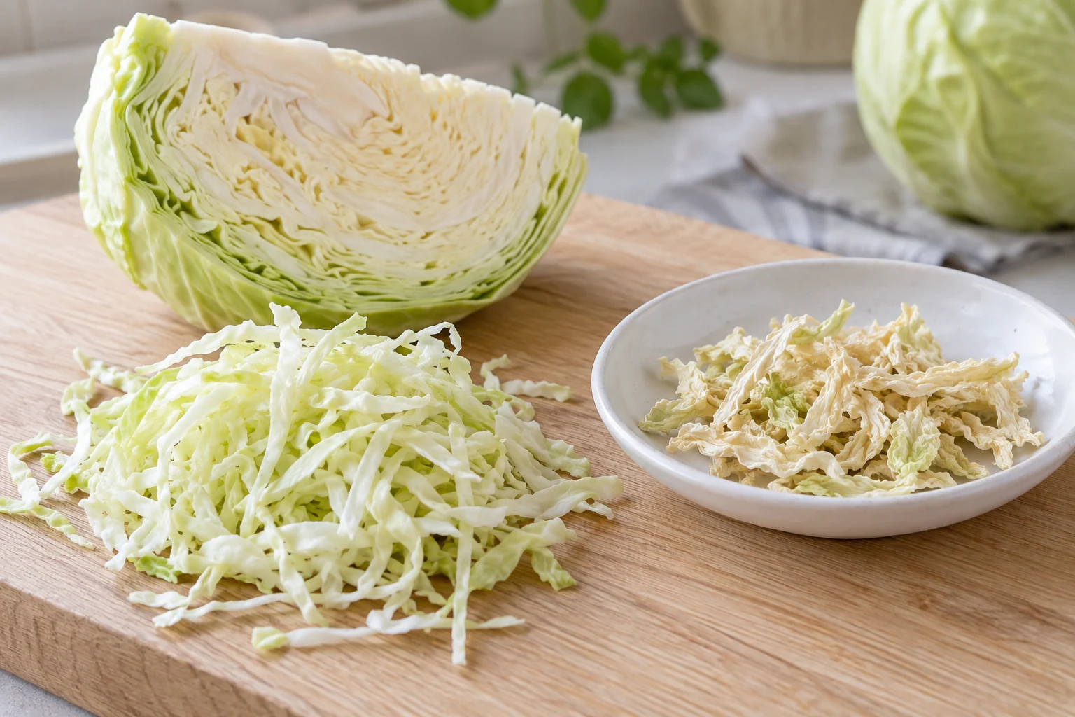 A cabbage wedge, fresh shreds and a small dish of dried plain cabbage — AI-generated illustration