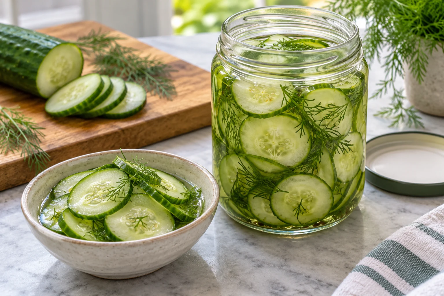 Cucumber slices with dill in an open jar of refrigerator-pickle brine — AI-generated food illustration