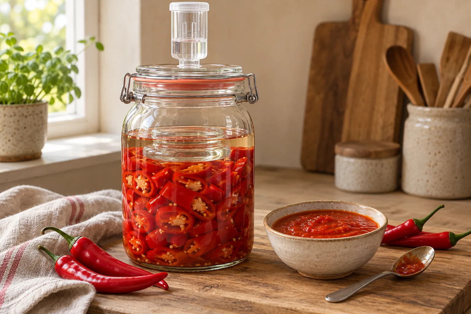 Rote Chilis unter Salzlake im Fermentierglas neben einer Schale roter Hot Sauce