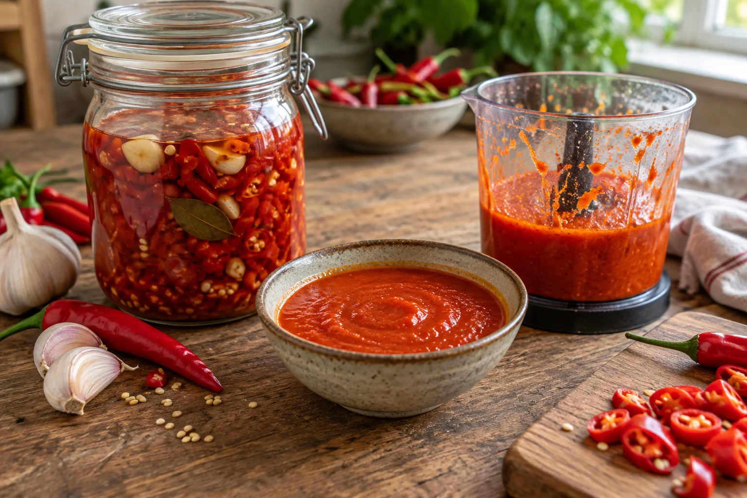 Fermentierte Chilis portionsweise zu Hot Sauce püriert