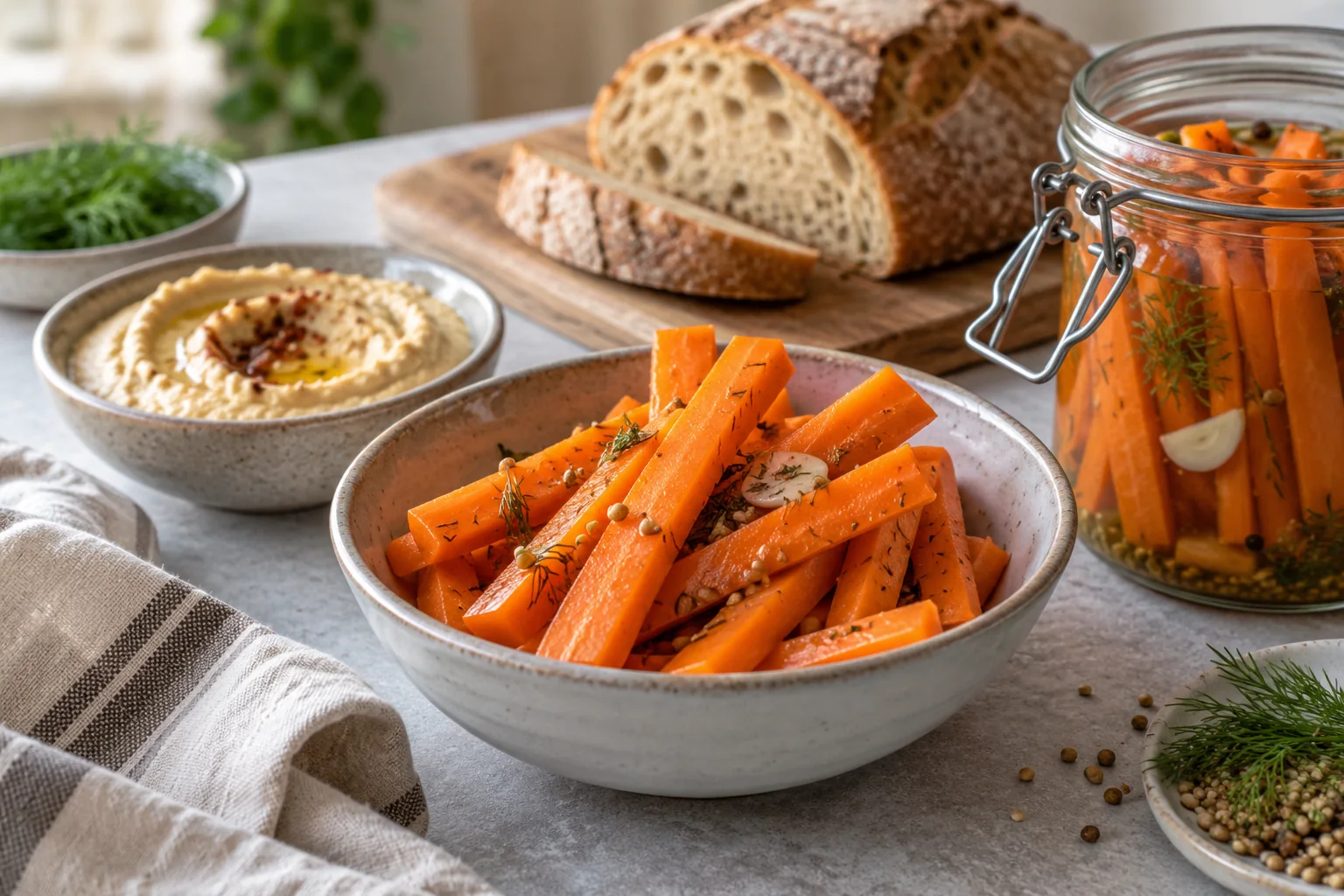 Fermentierte Karottenstifte mit Hummus und Brot serviert