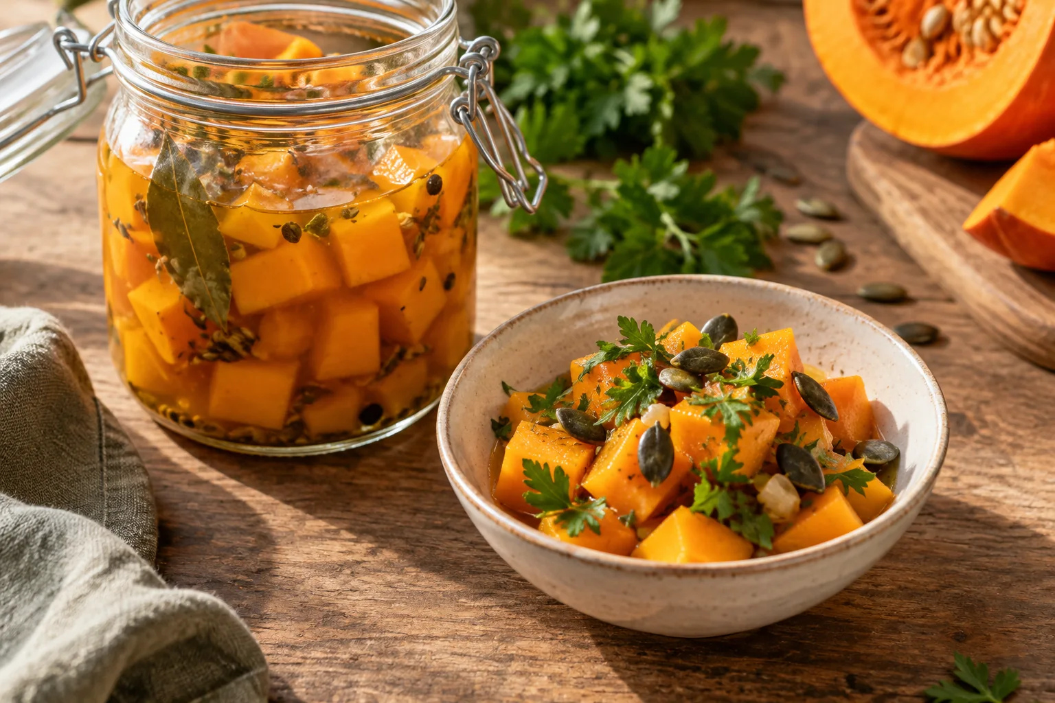 Fertig fermentierte Kürbiswürfel als kleine Beilage