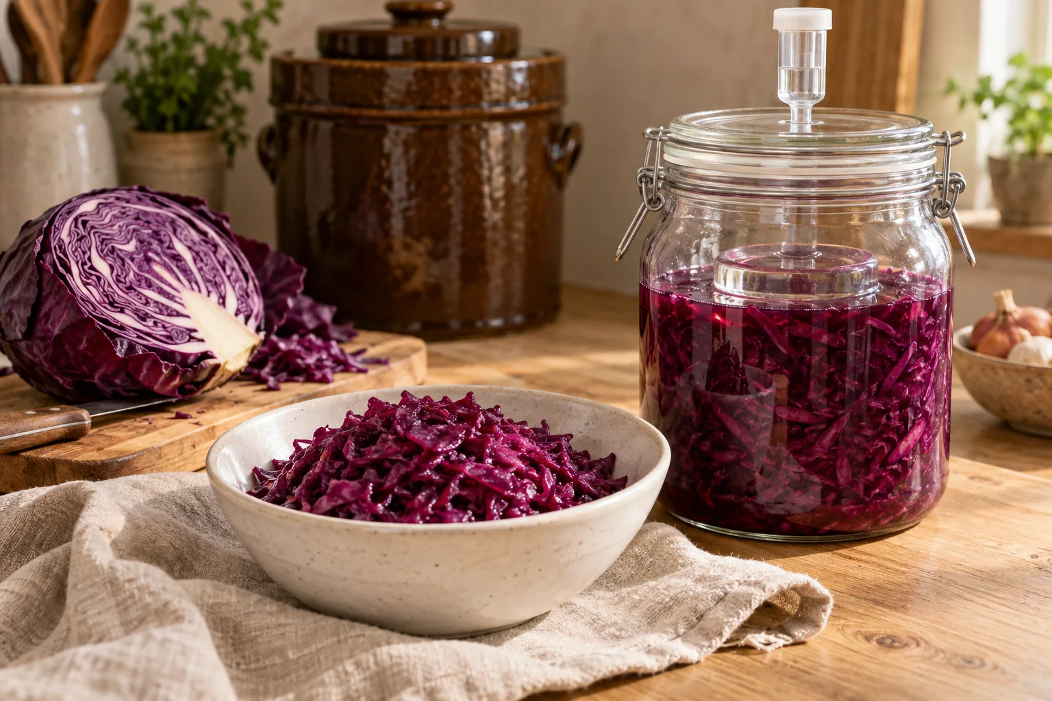 Fermentierter Rotkohl in einer Schale neben Fermentierglas, halbiertem Rotkohl und Steinzeug-Gärtopf