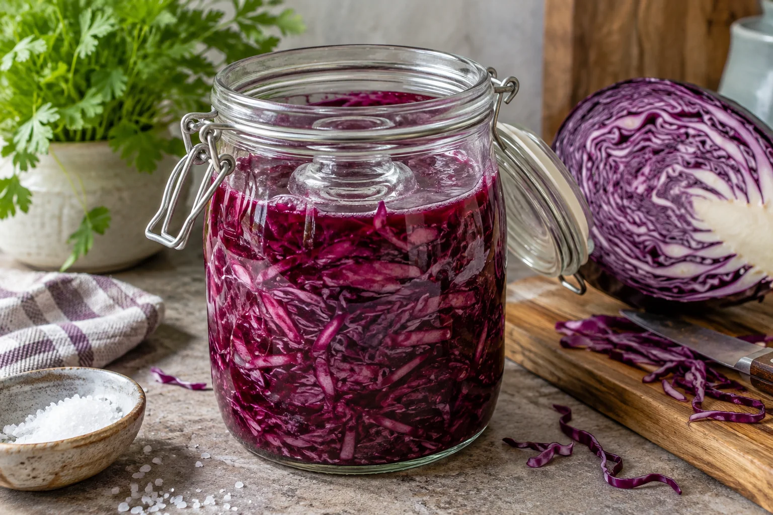 Fein gehobelter Rotkohl unter eigener Lake und Glasgewicht